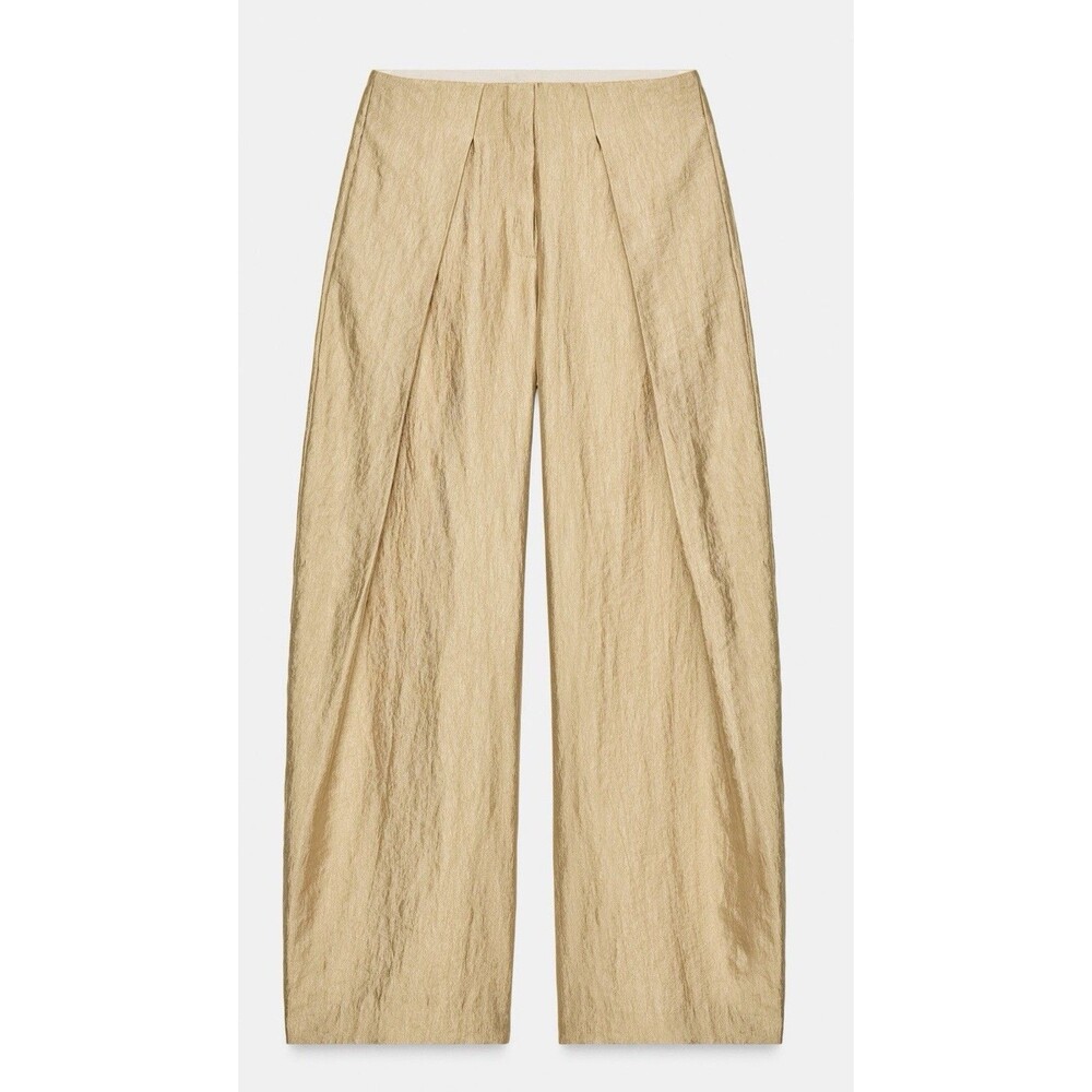 Zara Women’s Metallic Wide Leg Pleated Pants Sz Md Golden